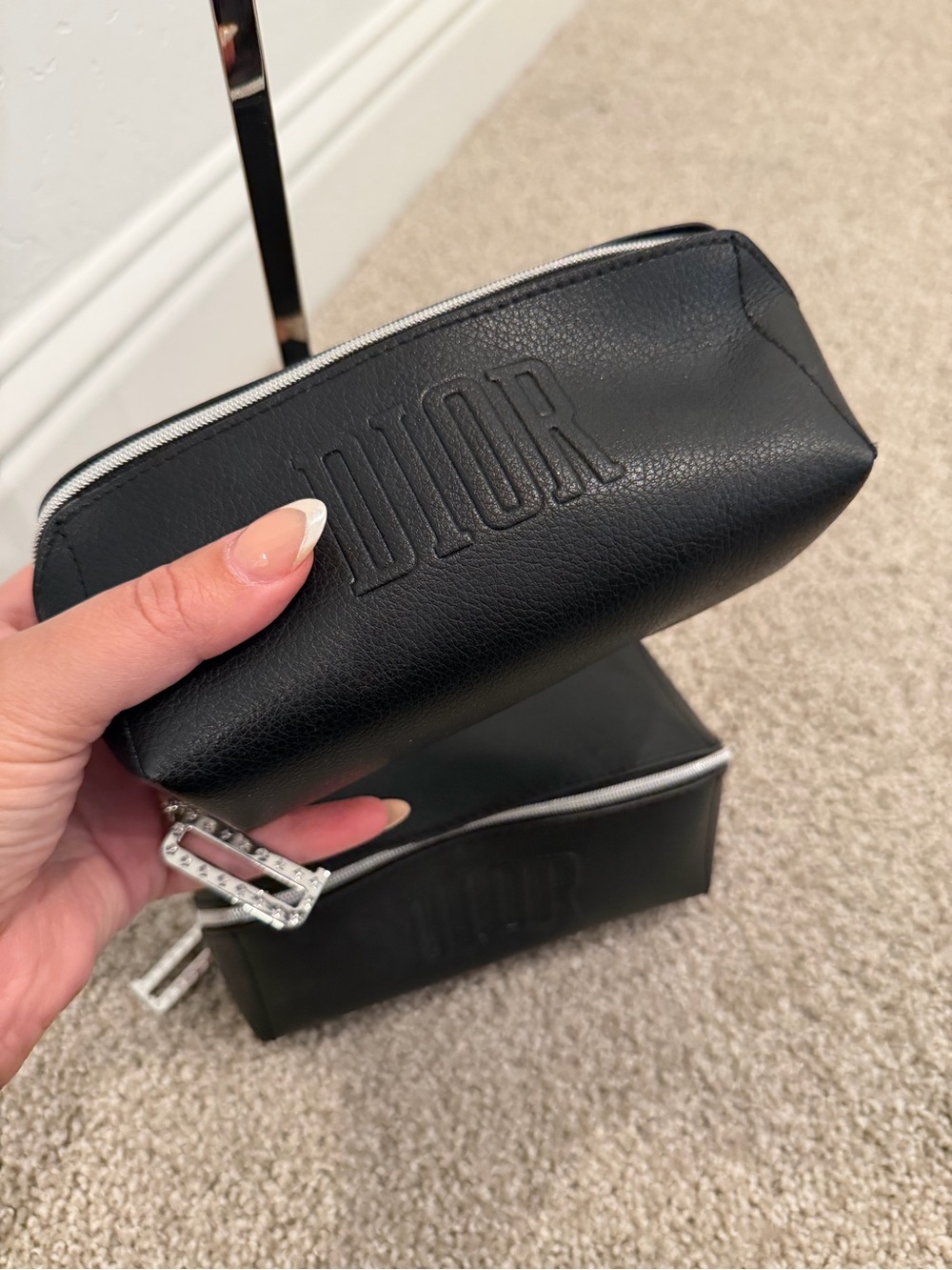 Dior Black Embossed Leather Zip Pouch Set - Picture 2 of 3